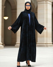 Load image into Gallery viewer, Three-Piece Velvet Set: Floral Abaya, Royal Blue Inner Dress &amp; Hijab
