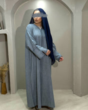 Load image into Gallery viewer, Close-up of detailed embroidery work on denim linen abaya
