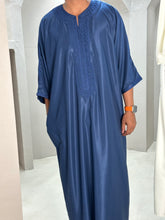 Load image into Gallery viewer, Detailed embroidery on neckline of navy Moroccan thobe
