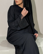 Load image into Gallery viewer, Close-up of intricate lacework on see-through Eid abaya
