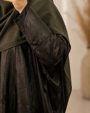 Load image into Gallery viewer, Three-Piece Patterned Abaya Set: Abaya with Tulip Sleeves, Inner Dress &amp; Hijab (Dark Khaki)

