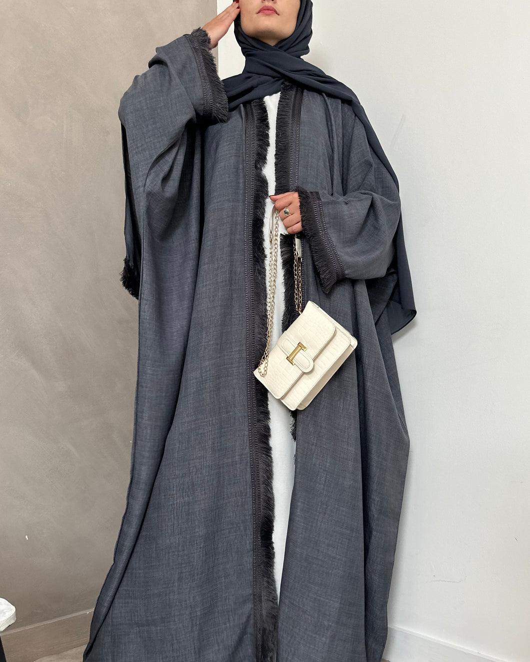 Two-Piece Set: Linen Fringed Kaftan + Slip Dress (Jeans Blue)