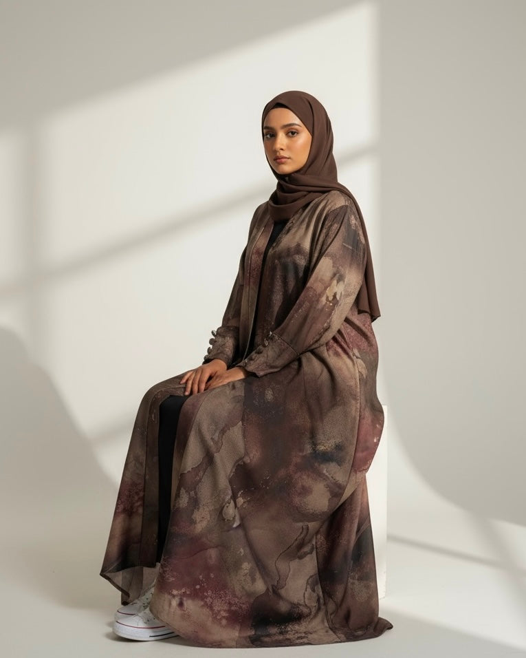 Mocha Marble Satin Abaya in Cloche-Cut | Button Sleeve Design (No Inner Dress)