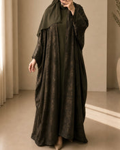 Load image into Gallery viewer, Three-Piece Patterned Abaya Set: Abaya with Tulip Sleeves, Inner Dress &amp; Hijab (Dark Khaki)
