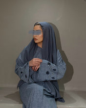 Load image into Gallery viewer, Linen Blend Abaya with Stunning Handmade Sleeve Embellishment (Denim)
