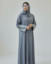 Load image into Gallery viewer, Italian Linen Abaya with Arabic Calligraphy Embroidered Sleeves (Mist Blue)
