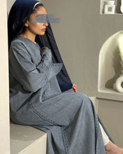 Load image into Gallery viewer, Denim abaya highlighting split sleeve cut and lightweight linen fabric
