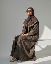 Load image into Gallery viewer, Three-Piece Set: Flowery Patterned Abaya, Inner Dress &amp; Hijab (Mocha Taupe)

