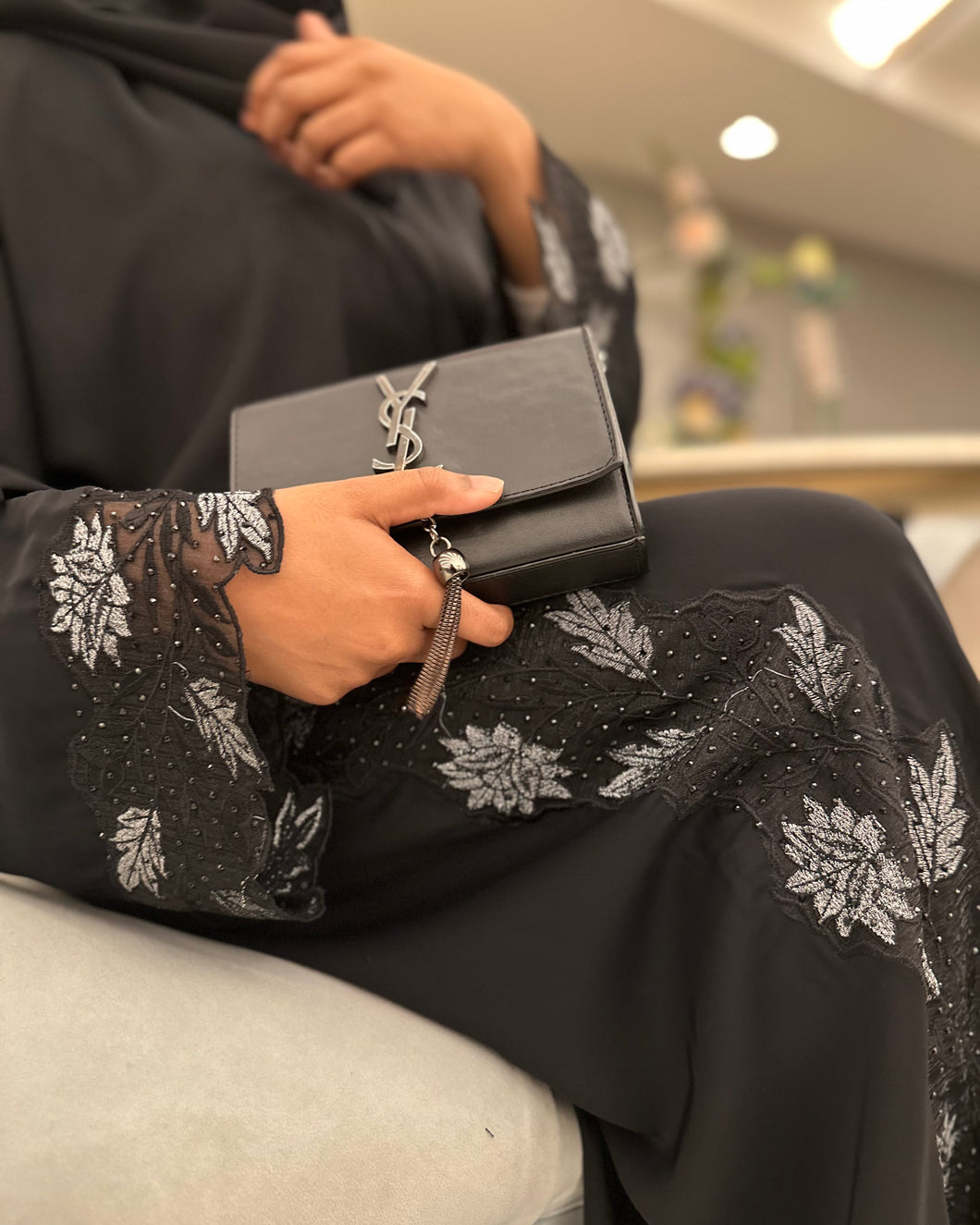 Eid Elegant Silver Lace Abaya