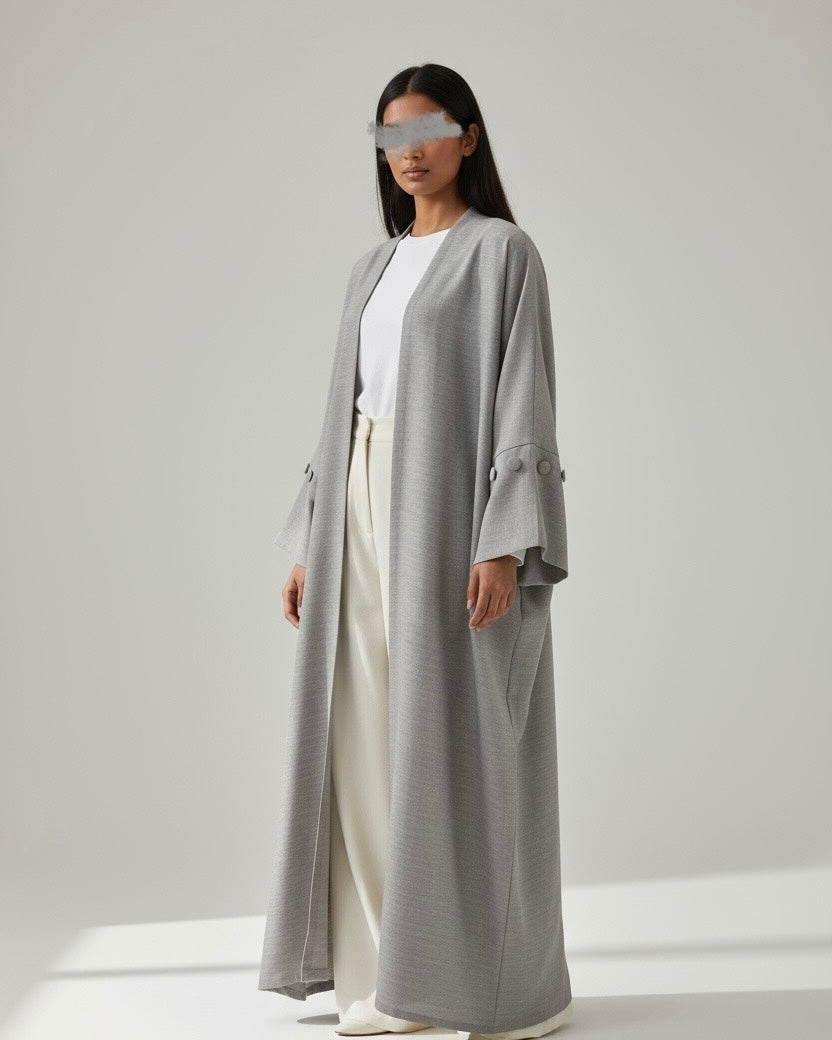 Minimalist Grey Linen Abaya | Button Sleeve Design (No Inner Dress)
