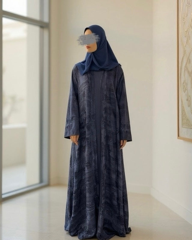 Indian Linen Patterned Abaya Set in Cloche-Cut (Midnight Blue)