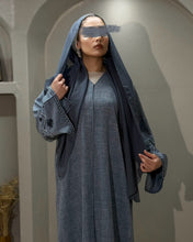 Load image into Gallery viewer, Linen Blend Abaya with Stunning Handmade Sleeve Embellishment (Denim)
