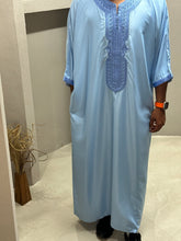 Load image into Gallery viewer, Embroidered cuff detailing on sleeve of sky blue Moroccan thobe

