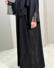Load image into Gallery viewer, Side view of see-through lace abaya showing elegant layered silhouette
