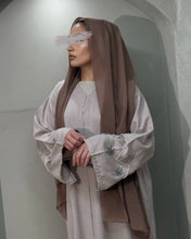 Load image into Gallery viewer, Nude pink linen abaya featuring elegant handmade sleeve detailing
