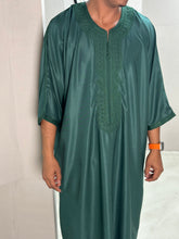 Load image into Gallery viewer, Close-up of detailed collar embroidery on emerald green Moroccan thobe
