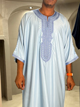 Load image into Gallery viewer, Close-up of embroidery design on neckline of Moroccan thobe
