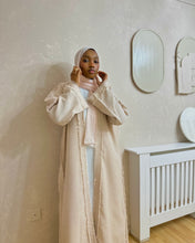 Load image into Gallery viewer, Four-Piece Set: Frayed Linen Blend Abaya &amp; Inner Dress (Nude Beige)
