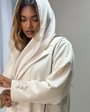 Load image into Gallery viewer, Three-Piece Blazer Set: Collared Abaya, Inner Dress &amp; Hijab (Cream)
