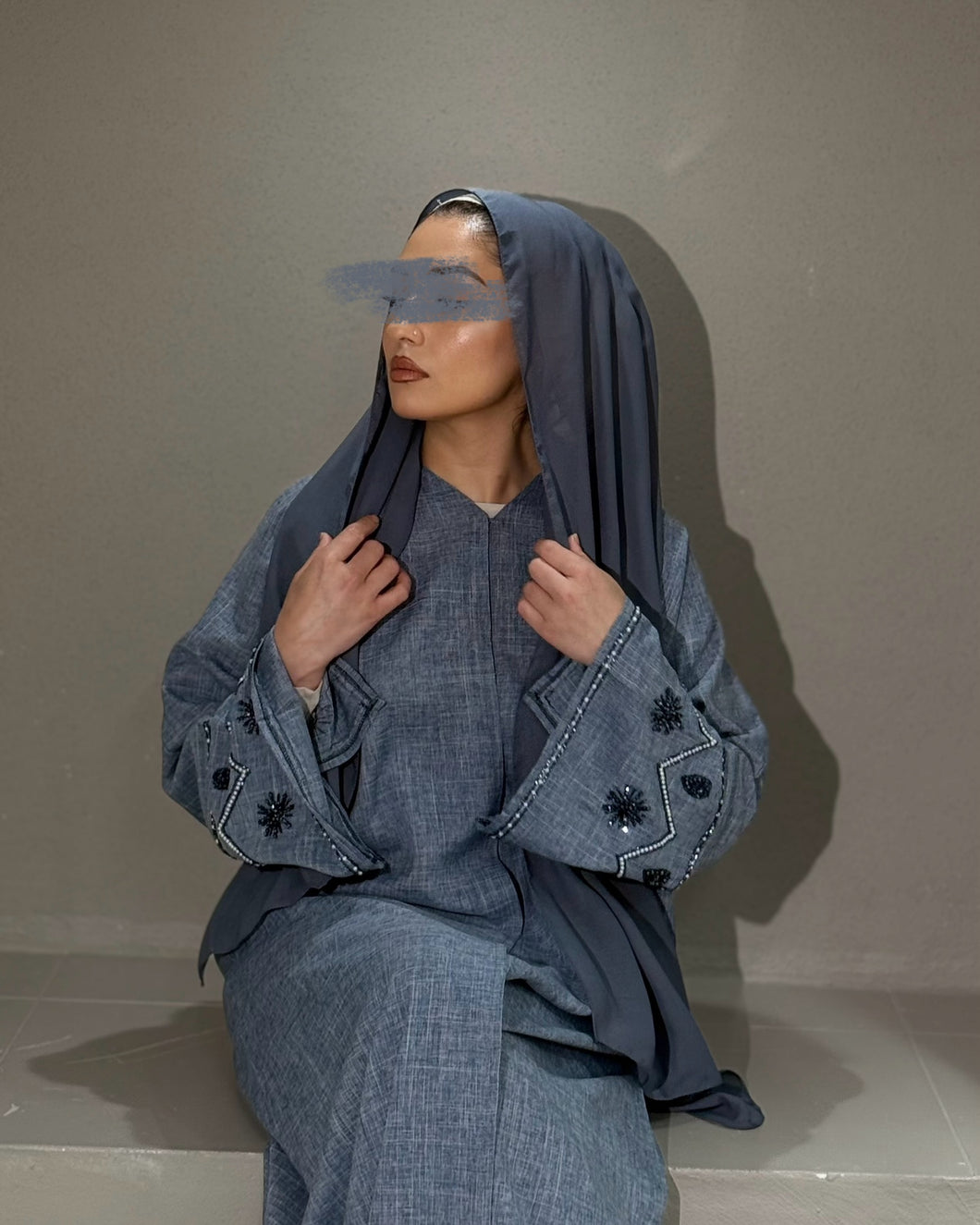 Linen Blend Abaya with Stunning Handmade Sleeve Embellishment (Denim)
