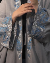 Load image into Gallery viewer, Grey Pure Linen Butterfly Open Abaya with Embroidered Detail | Matching Hijab Included (No Inner Dress)
