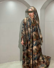 Load image into Gallery viewer, Soft Satin Flowery Patterned Abaya in Cloche Cut (Khaki)
