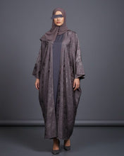 Load image into Gallery viewer, Eid Three-Piece Silk Jacquard Set: Cherry Tree Patterned Abaya, Inner Dress &amp; Hijab (Mauve)
