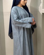 Load image into Gallery viewer, Full-length view of denim linen abaya perfect for casual or formal wear
