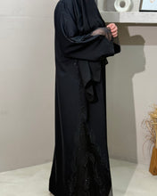 Load image into Gallery viewer, Full-length elegant abaya with see-through lace, ideal for festive styling
