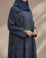 Load image into Gallery viewer, Eid Three-Piece Indian Linen Set: Patterned Abaya in Cloche-Cut, Inner Dress &amp; Hijab (Midnight Blue)
