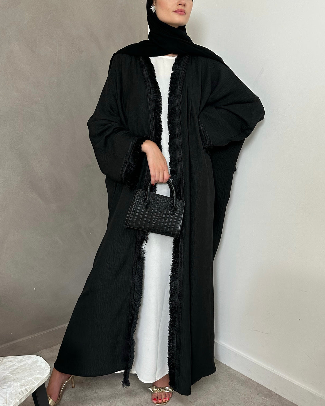 Two-Piece Set: Linen Fringed Kaftan + Slip Dress (Black)