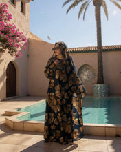 Load image into Gallery viewer, Soft Satin Flowery Patterned Abaya in Cloche Cut (Navy)
