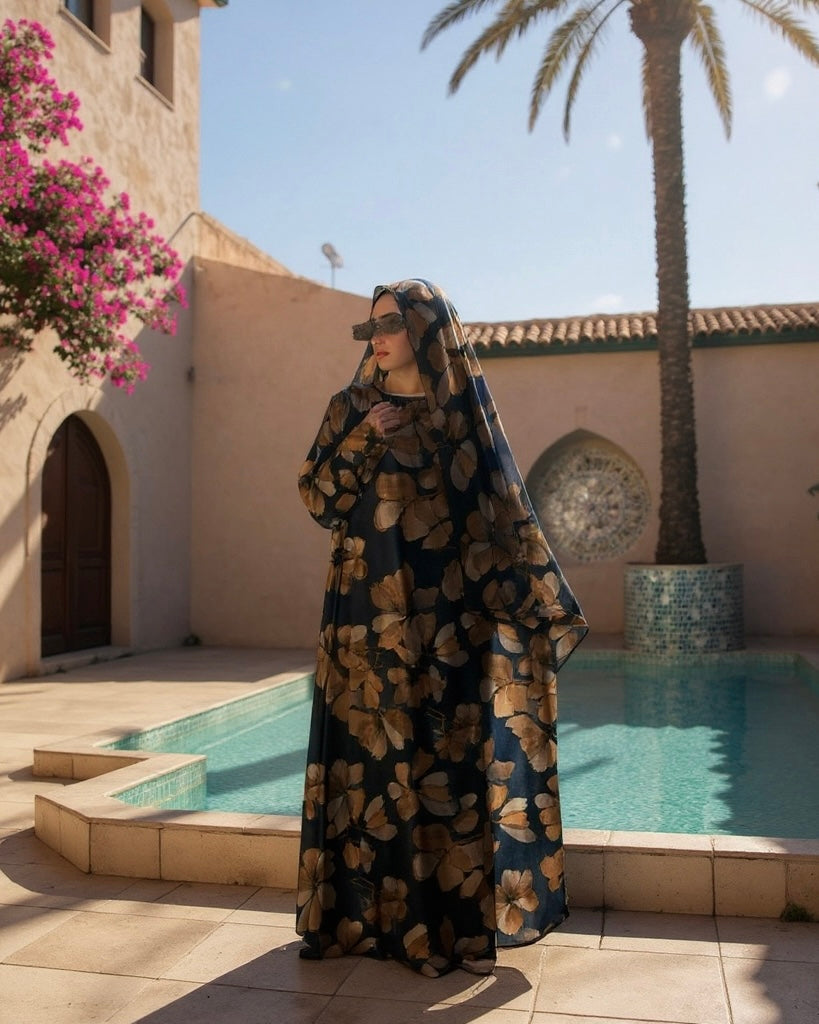 Soft Satin Flowery Patterned Abaya in Cloche Cut (Navy)