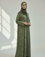 Load image into Gallery viewer, Three-Piece Indian Linen Set: Patterned Abaya in Cloche-Cut, Inner Dress &amp; Hijab (Olive Serenity)
