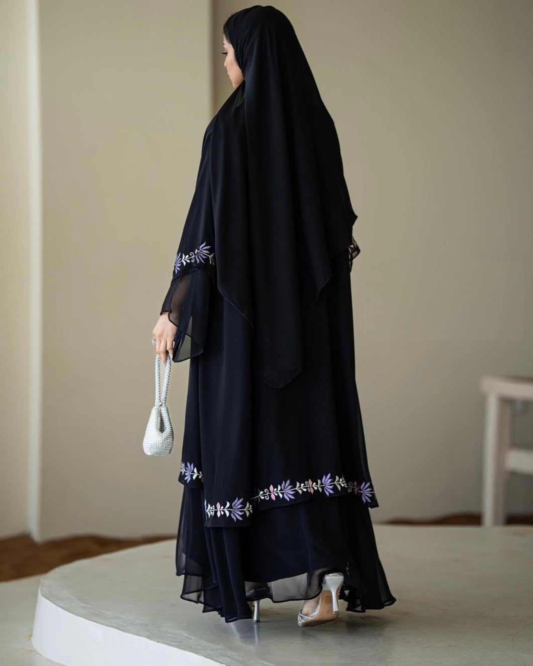 Two-Piece Set: Embroidered Layered Chiffon Abaya + Inner Dress Included