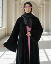 Load image into Gallery viewer, Three-Piece Velvet Set: Floral Abaya, Baby Pink Inner Dress &amp; Hijab
