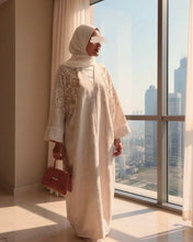 Load image into Gallery viewer, *Best Seller* Linen Blend Open Butterfly Abaya Set with Stunning Handmade Embroidery (Nude Beige)
