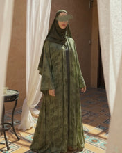 Load image into Gallery viewer, Three-Piece Indian Linen Set: Patterned Abaya in Cloche-Cut, Inner Dress &amp; Hijab (Olive Serenity)
