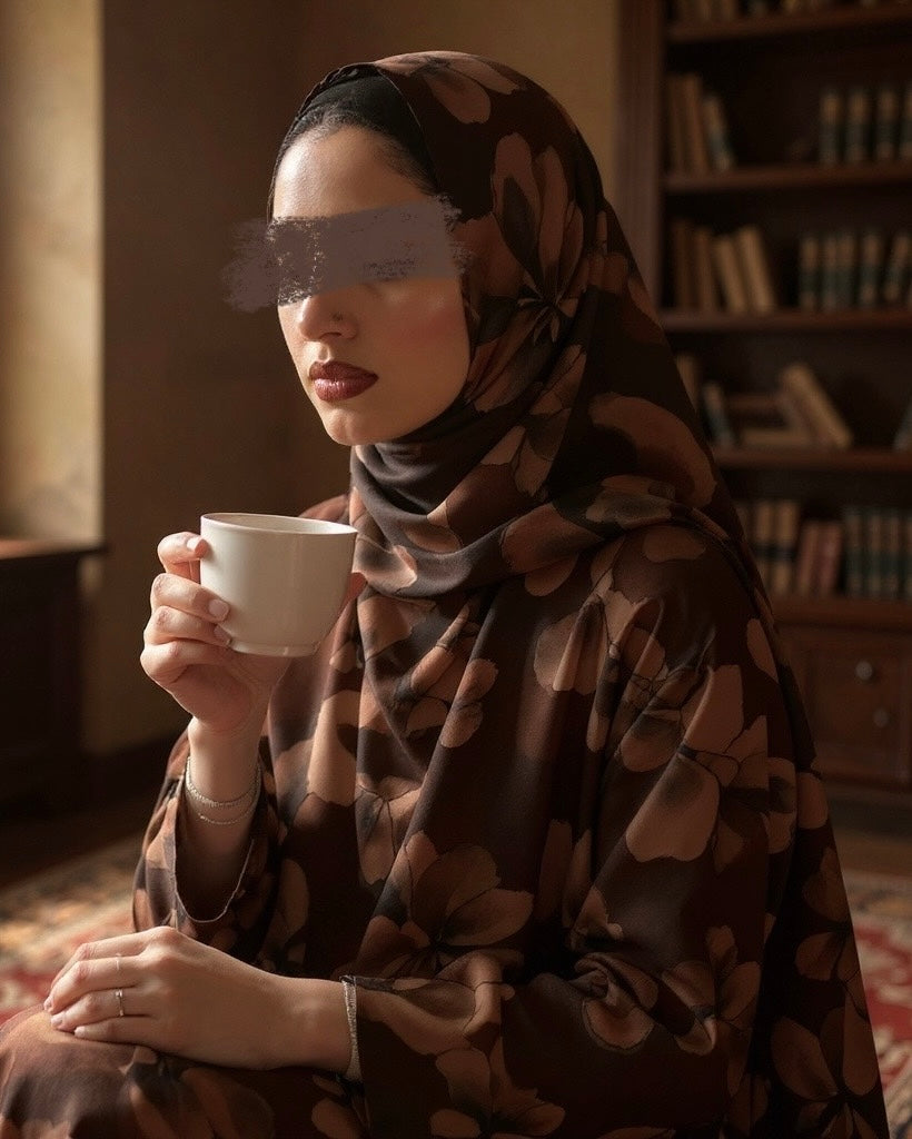 Soft Satin Flowery Patterned Abaya in Cloche Cut (Brown)