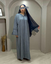 Load image into Gallery viewer, Handcrafted embroidery on the sleeves of a denim blue abaya
