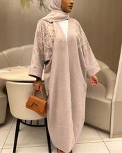 Load image into Gallery viewer, Three-Piece Set: Linen Blend Open Butterfly Abaya with Stunning Handmade Embroidery &amp; Inner Dress (Nude Beige)
