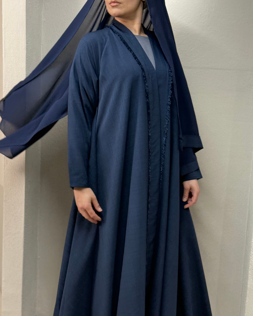 Front view of Italian linen frayed abaya set in navy with cloche cut