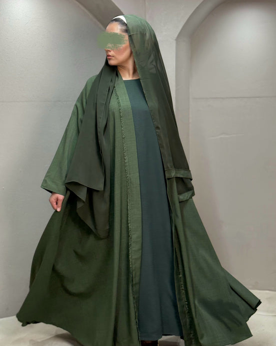 Front view of khaki Italian linen frayed abaya set in cloche cut style