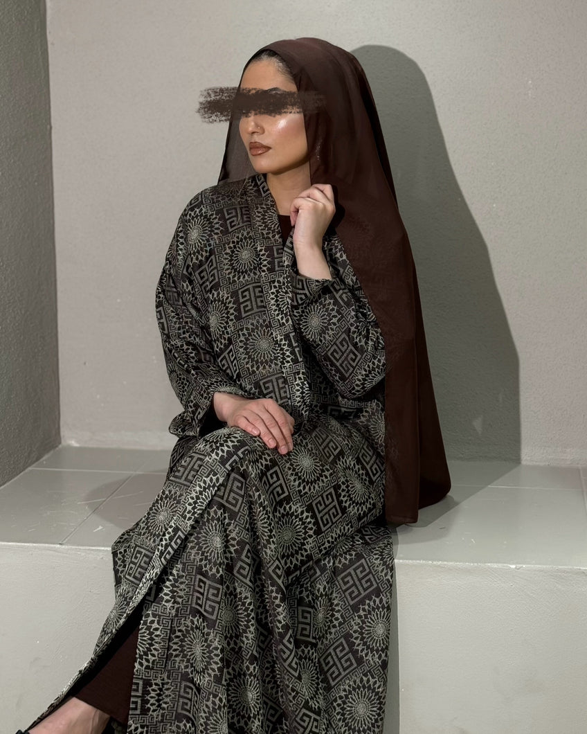 Coffee brown jacquard patterned abaya set in elegant cloche cut for modest wear