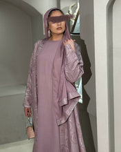 Load image into Gallery viewer, Tea pink jacquard patterned abaya set in cloche cut with elegant texture for Eid wear


