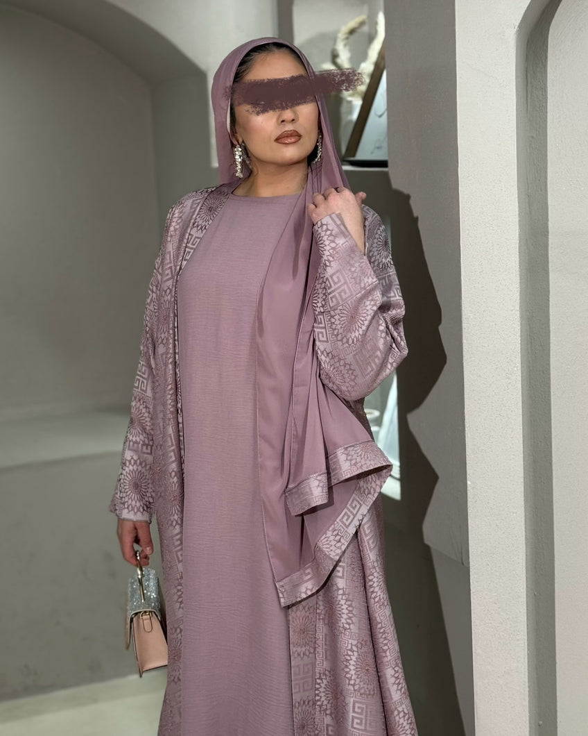 Tea pink jacquard patterned abaya set in cloche cut with elegant texture for Eid wear

