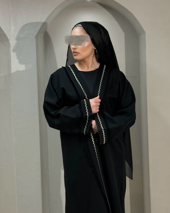 Front view of linen blend frayed open abaya without inner dress, lightweight and stylish

