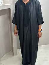 Load image into Gallery viewer, Male model wearing premium Moroccan thobe in black for Eid
