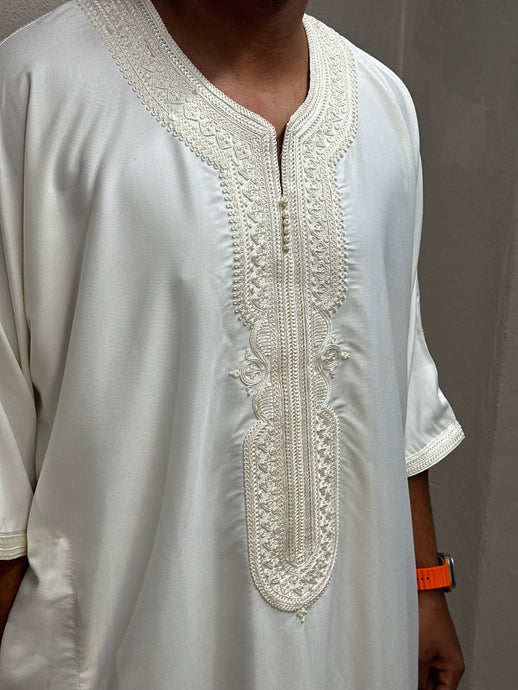 Full front view of premium off white Moroccan thobe with embroidery