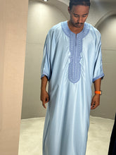 Load image into Gallery viewer, Side angle showing fit and stitching of sky blue Moroccan thobe
